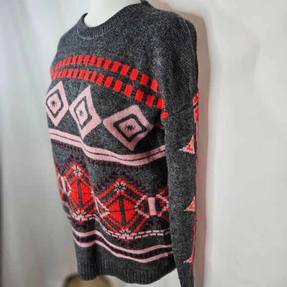 J. Crew Size Medium Abstract Fair Isle Gray Red Pink Wool Mohair Blend Sweater - Picture 5 of 11